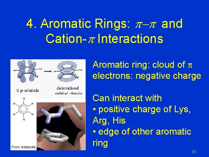 4. Aromatic Rings: p-p and Cation-p Interactions Aromatic ring: cloud of p electrons: negative 4. Aromatic Rings: p-p and Cation-p Interactions Aromatic ring: cloud of p electrons: negative