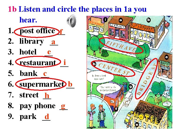 1 b Listen and circle the places in 1 a you hear. 1. post