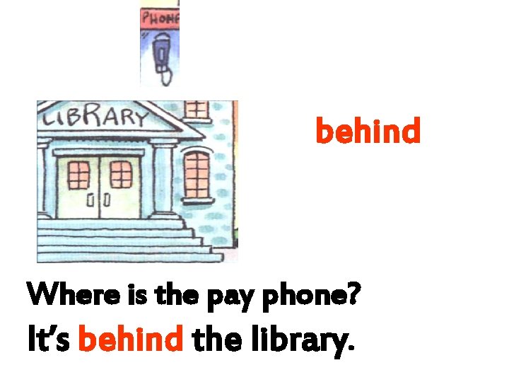 behind Where is the pay phone? It’s behind the library. 