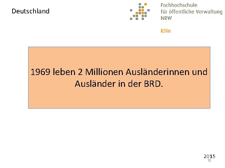 Deutschland 1969 leben 2 Millionen Ausländerinnen und Ausländer in der BRD. 2015 31 