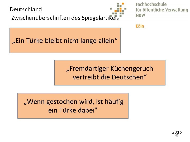 Deutschland Zwischenüberschriften des Spiegelartikels „Ein Türke bleibt nicht lange allein“ „Fremdartiger Küchengeruch vertreibt die