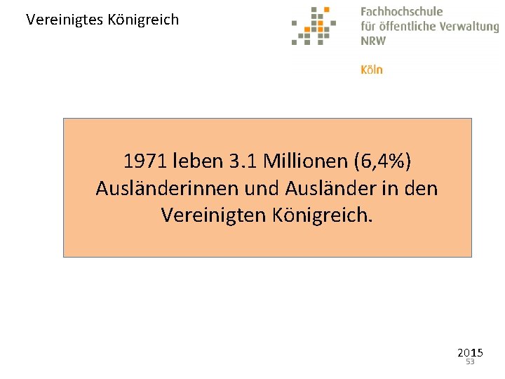 Vereinigtes Königreich 1971 leben 3. 1 Millionen (6, 4%) Ausländerinnen und Ausländer in den