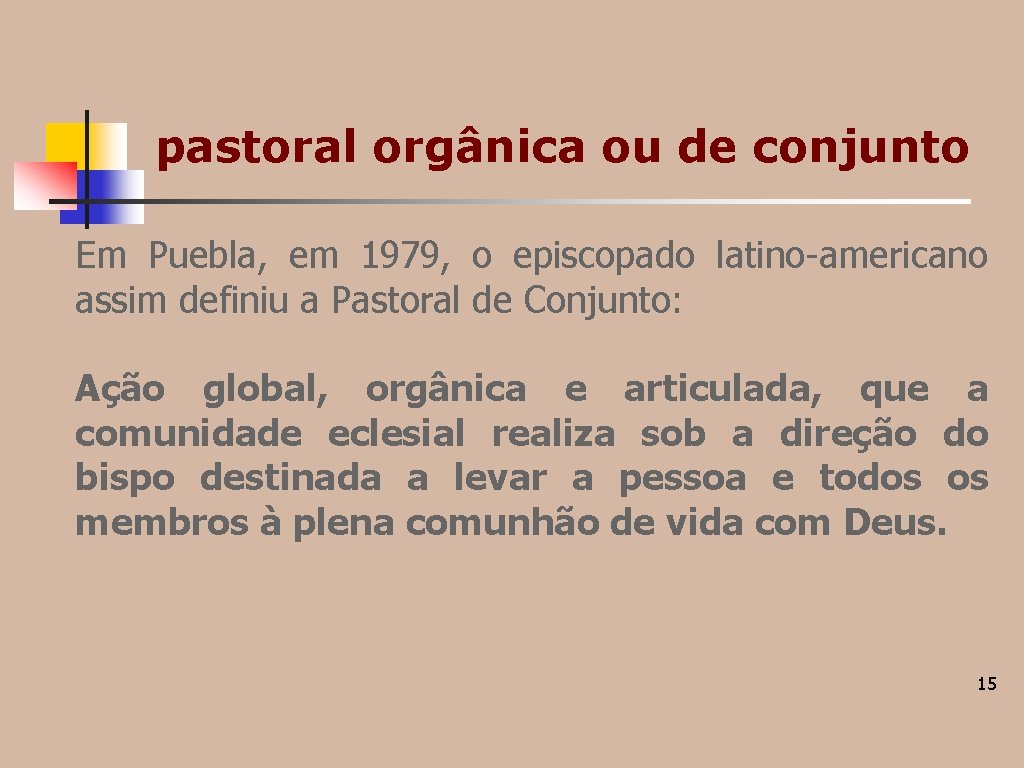 pastoral orgânica ou de conjunto Em Puebla, em 1979, o episcopado latino-americano assim definiu pastoral orgânica ou de conjunto Em Puebla, em 1979, o episcopado latino-americano assim definiu