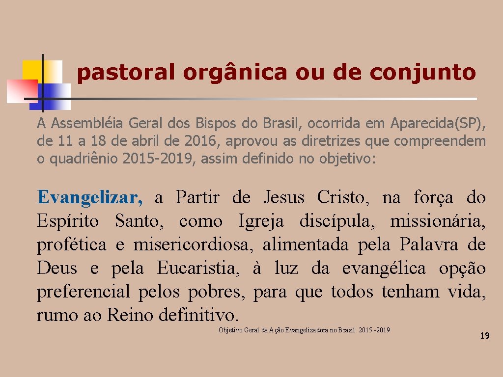 pastoral orgânica ou de conjunto A Assembléia Geral dos Bispos do Brasil, ocorrida em pastoral orgânica ou de conjunto A Assembléia Geral dos Bispos do Brasil, ocorrida em