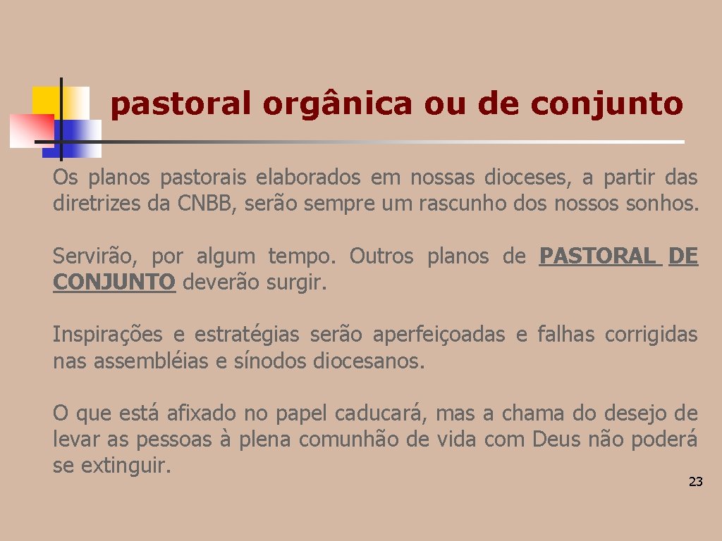pastoral orgânica ou de conjunto Os planos pastorais elaborados em nossas dioceses, a partir pastoral orgânica ou de conjunto Os planos pastorais elaborados em nossas dioceses, a partir