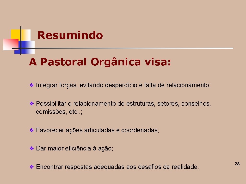 Resumindo A Pastoral Orgânica visa: ❖ Integrar forças, evitando desperdício e falta de relacionamento; Resumindo A Pastoral Orgânica visa: ❖ Integrar forças, evitando desperdício e falta de relacionamento;