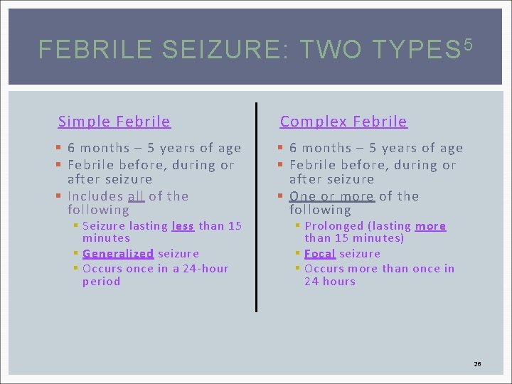 FEBRILE SEIZURE: TWO TYPES 5 Simple Febrile § 6 months – 5 years of