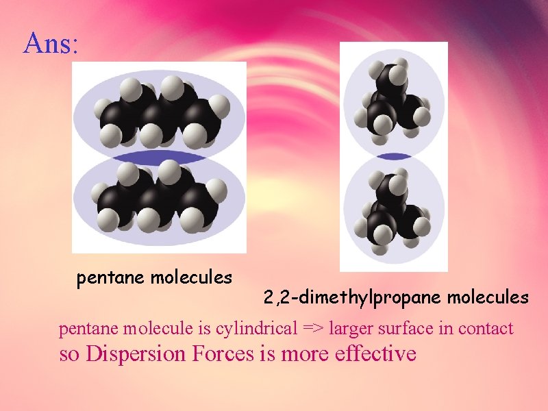 Ans: pentane molecules 2, 2 -dimethylpropane molecules pentane molecule is cylindrical => larger surface