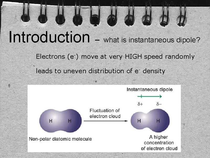 Introduction – what is instantaneous dipole? Electrons (e-) move at very HIGH speed randomly