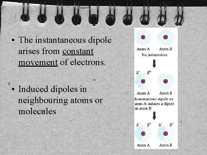  • The instantaneous dipole arises from constant movement of electrons. • Induced dipoles