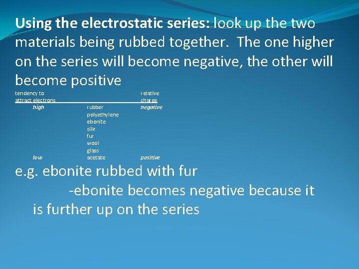 Using the electrostatic series: look up the two materials being rubbed together. The one