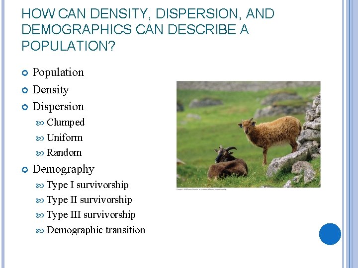 HOW CAN DENSITY, DISPERSION, AND DEMOGRAPHICS CAN DESCRIBE A POPULATION? Population Density Dispersion Clumped