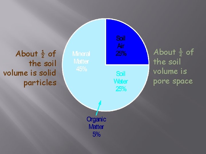 About ½ of the soil volume is solid particles About ½ of the soil