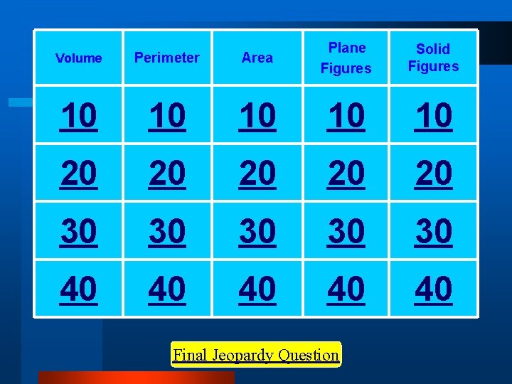 Area Plane Figures Solid Figures 10 10 20 20 20 30 30 30 40