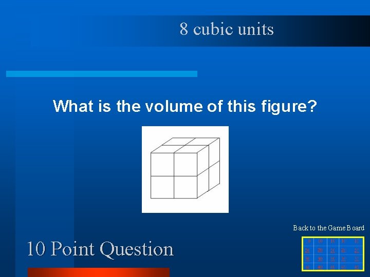 8 cubic units What is the volume of this figure? Back to the Game