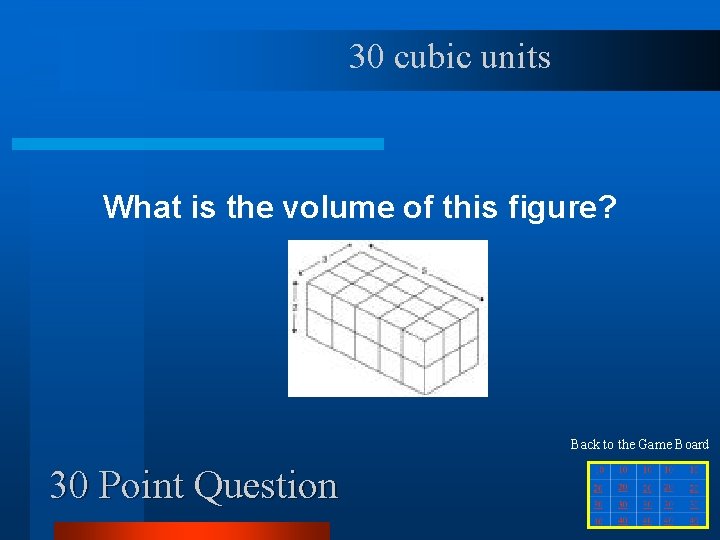 30 cubic units What is the volume of this figure? Back to the Game