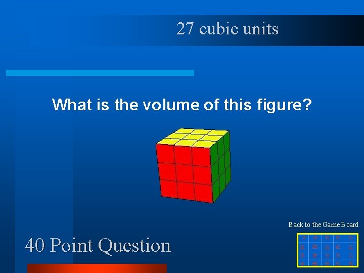 27 cubic units What is the volume of this figure? Back to the Game