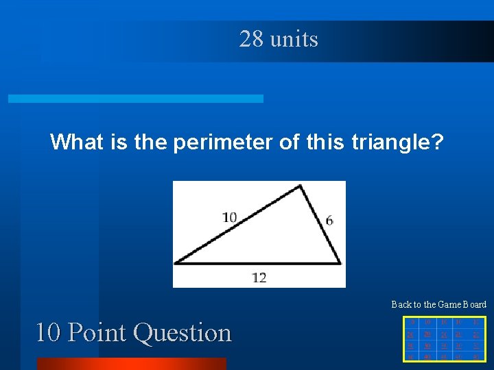 28 units What is the perimeter of this triangle? Back to the Game Board