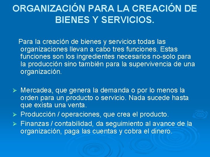 ORGANIZACIÓN PARA LA CREACIÓN DE BIENES Y SERVICIOS. Para la creación de bienes y