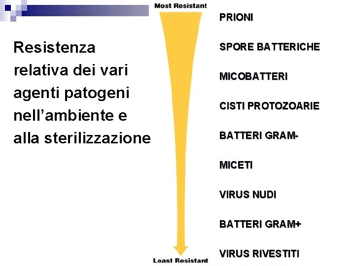PRIONI Resistenza relativa dei vari agenti patogeni nell’ambiente e alla sterilizzazione SPORE BATTERICHE MICOBATTERI