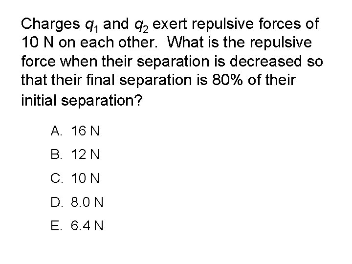 Charges q 1 and q 2 exert repulsive forces of 10 N on each