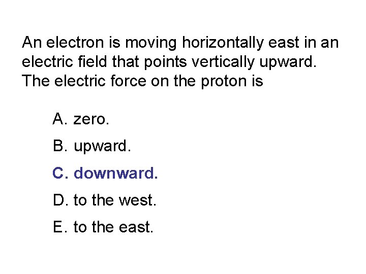 An electron is moving horizontally east in an electric field that points vertically upward.
