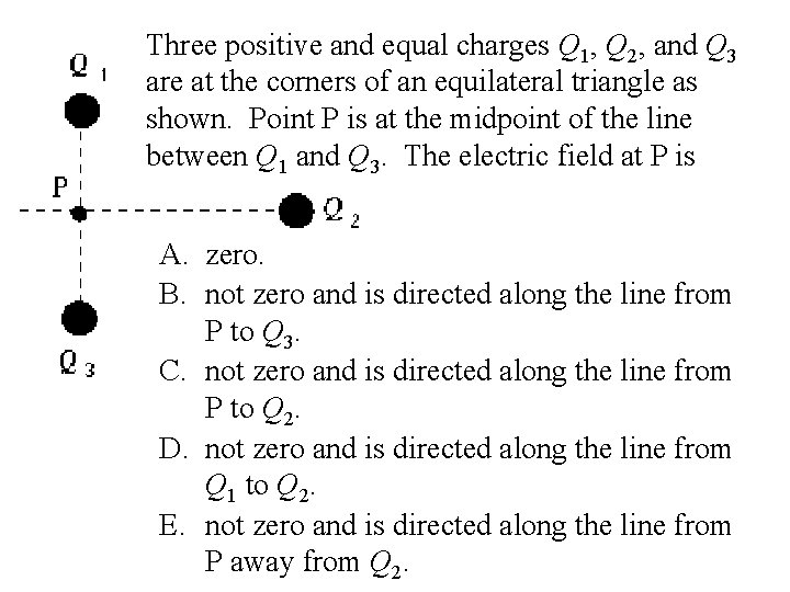 Three positive and equal charges Q 1, Q 2, and Q 3 are at