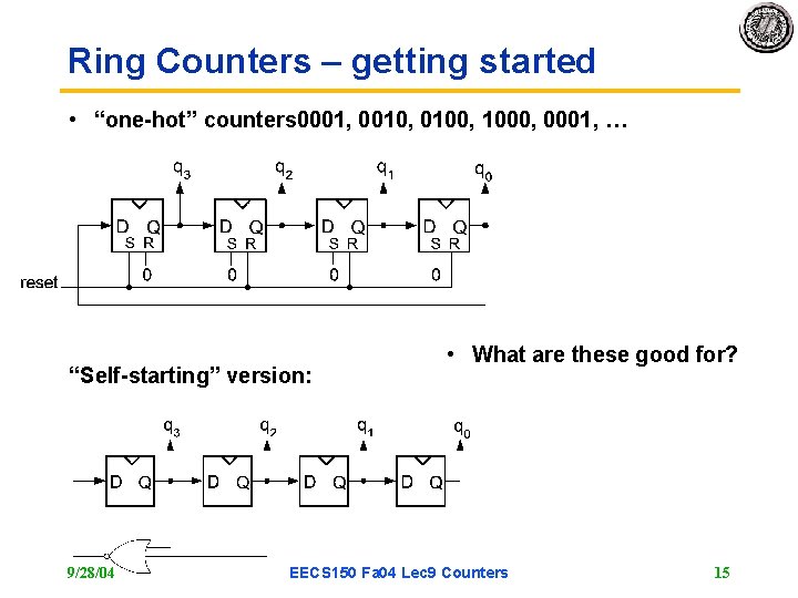Ring Counters – getting started • “one-hot” counters 0001, 0010, 0100, 1000, 0001, … Ring Counters – getting started • “one-hot” counters 0001, 0010, 0100, 1000, 0001, …