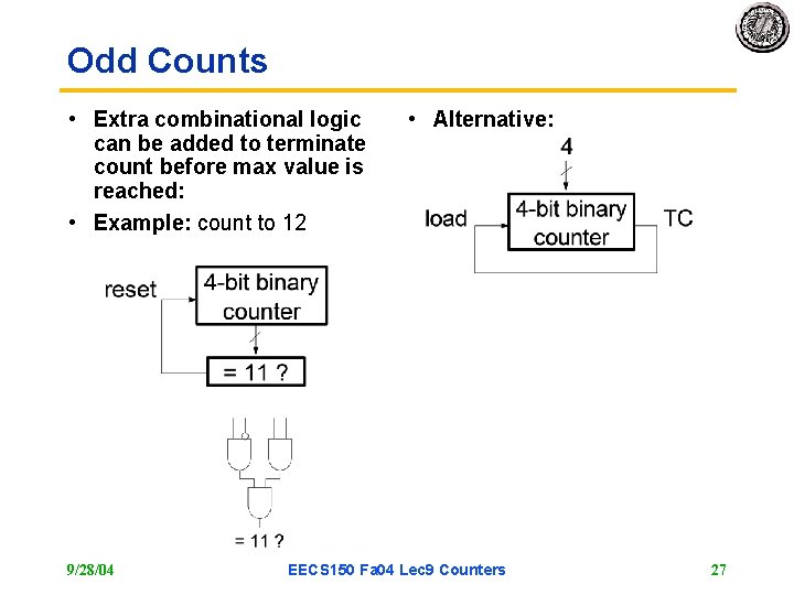 Odd Counts • Extra combinational logic can be added to terminate count before max Odd Counts • Extra combinational logic can be added to terminate count before max
