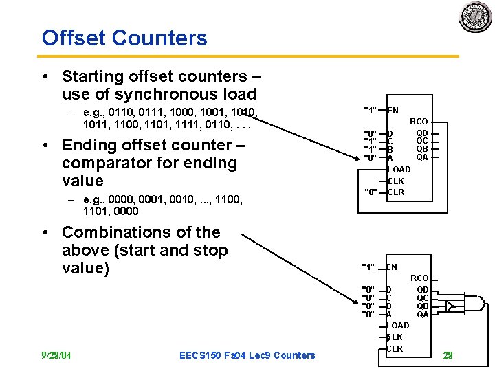 Offset Counters • Starting offset counters – use of synchronous load – e. g. Offset Counters • Starting offset counters – use of synchronous load – e. g.