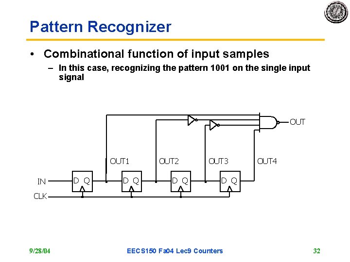 Pattern Recognizer • Combinational function of input samples – In this case, recognizing the Pattern Recognizer • Combinational function of input samples – In this case, recognizing the