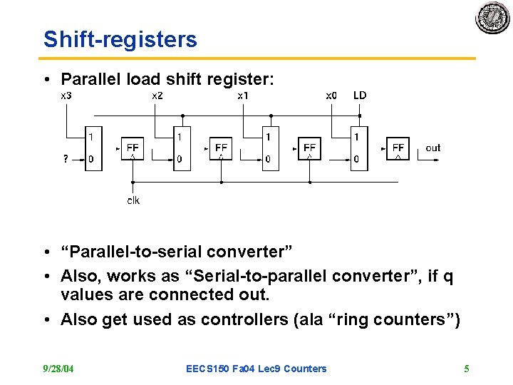 Shift-registers • Parallel load shift register: • “Parallel-to-serial converter” • Also, works as “Serial-to-parallel Shift-registers • Parallel load shift register: • “Parallel-to-serial converter” • Also, works as “Serial-to-parallel