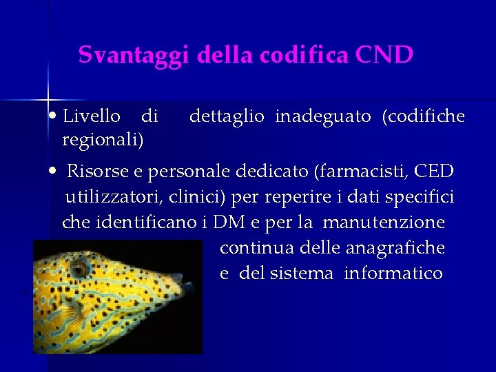 Svantaggi della codifica CND • Livello di dettaglio inadeguato (codifiche regionali) • • Risorse