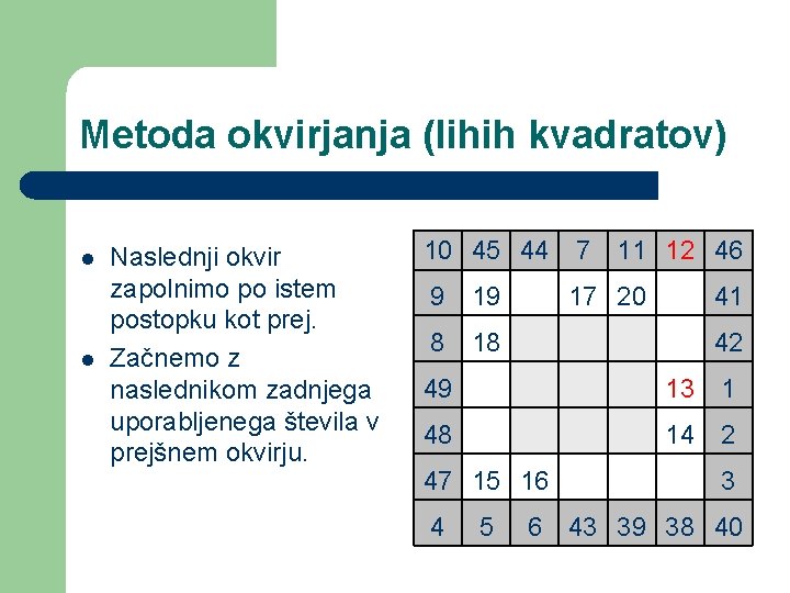 Metoda okvirjanja (lihih kvadratov) l l Naslednji okvir zapolnimo po istem postopku kot prej.