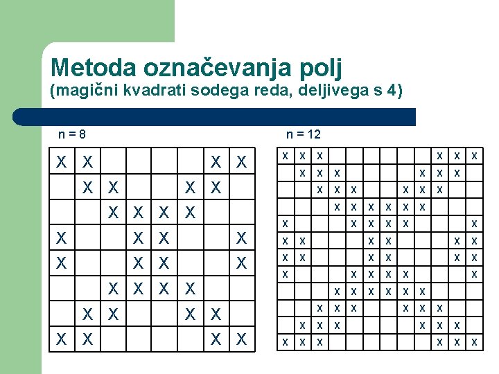 Metoda označevanja polj (magični kvadrati sodega reda, deljivega s 4) n = 8 X