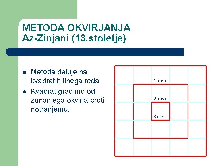 METODA OKVIRJANJA Az-Zinjani (13. stoletje) l l Metoda deluje na kvadratih lihega reda. Kvadrat