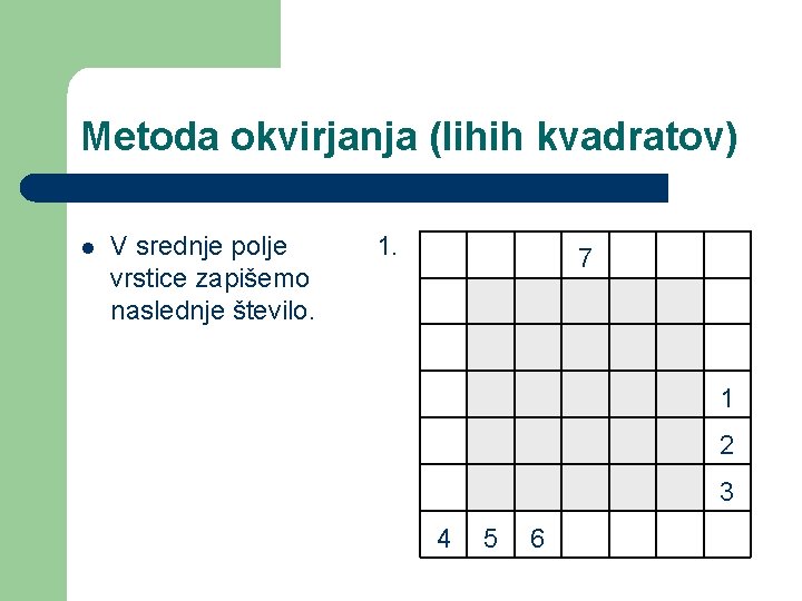 Metoda okvirjanja (lihih kvadratov) l V srednje polje 1. vrstice zapišemo naslednje število. 7