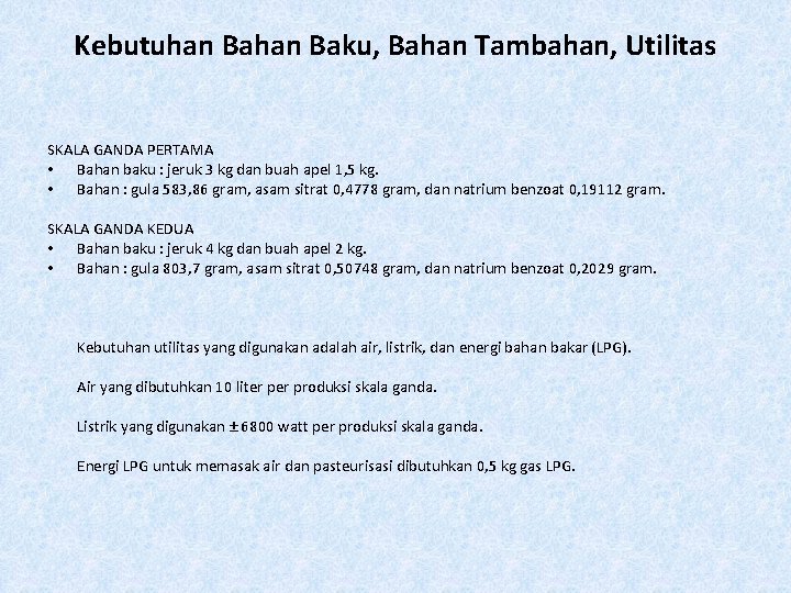 Kebutuhan Baku, Bahan Tambahan, Utilitas SKALA GANDA PERTAMA • Bahan baku : jeruk 3