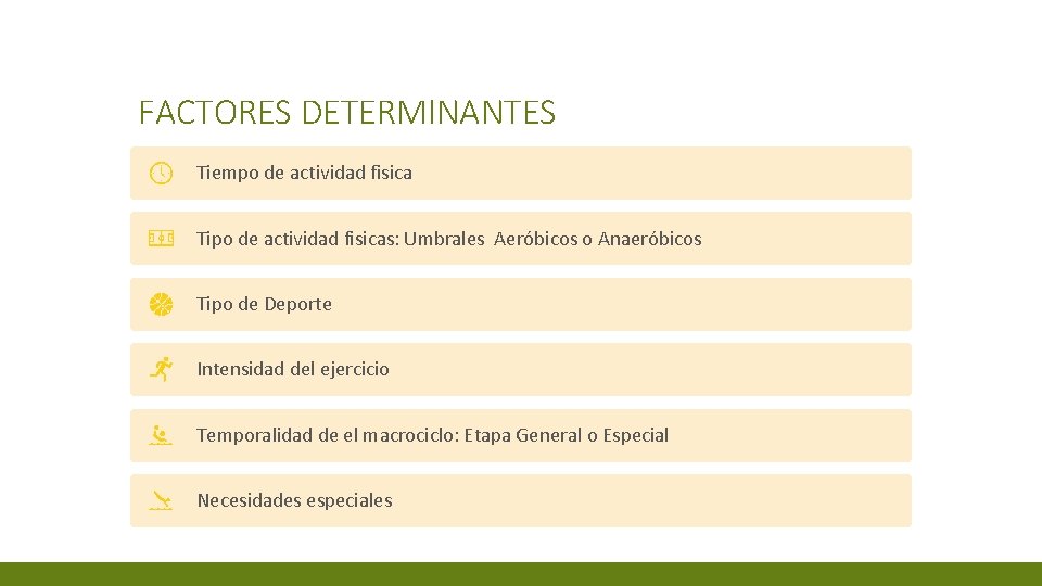 FACTORES DETERMINANTES Tiempo de actividad fisica Tipo de actividad fisicas: Umbrales Aeróbicos o Anaeróbicos