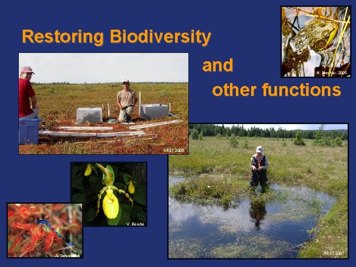 Restoring Biodiversity and other functions N. Mosnier, 2005 GRET 2005 V. Bérubé A. Desrochers