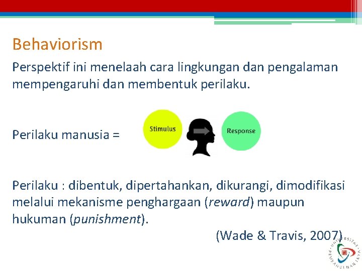 Behaviorism Perspektif ini menelaah cara lingkungan dan pengalaman mempengaruhi dan membentuk perilaku. Perilaku manusia