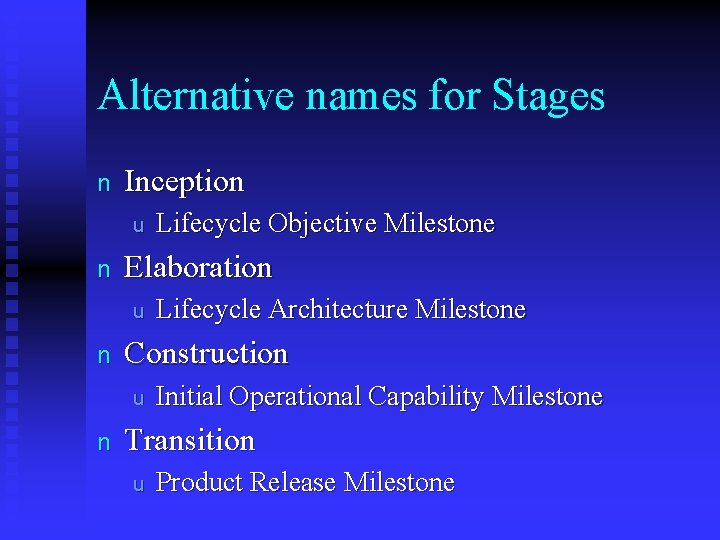 Alternative names for Stages n Inception u n Elaboration u n Lifecycle Architecture Milestone