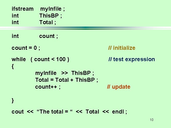 ifstream my. Infile ; int This. BP ; int Total ; int count ;