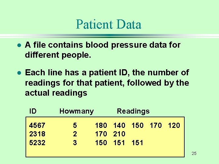 Patient Data l A file contains blood pressure data for different people. l Each