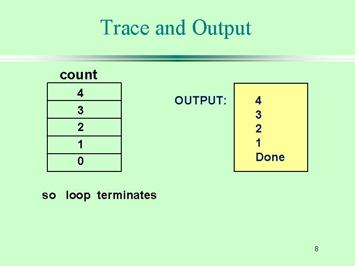 Trace and Output count 4 3 2 1 0 OUTPUT: 4 3 2 1