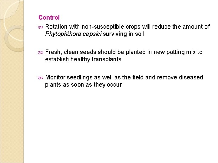 Control Rotation with non-susceptible crops will reduce the amount of Phytophthora capsici surviving in