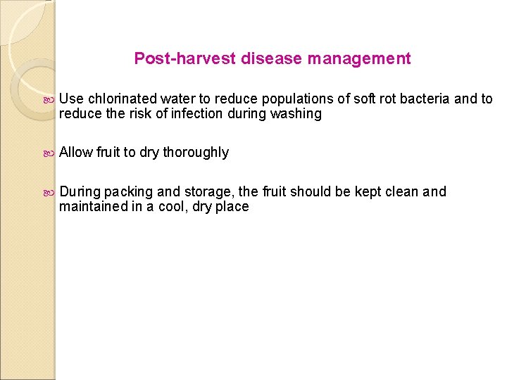 Post-harvest disease management Use chlorinated water to reduce populations of soft rot bacteria and