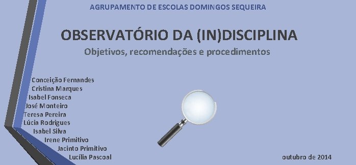 AGRUPAMENTO DE ESCOLAS DOMINGOS SEQUEIRA OBSERVATÓRIO DA (IN)DISCIPLINA Objetivos, recomendações e procedimentos Conceição Fernandes