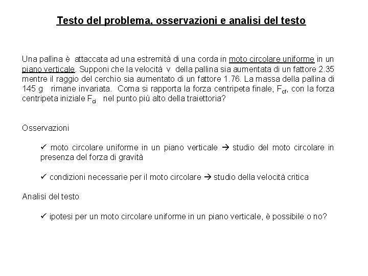 Testo del problema, osservazioni e analisi del testo Una pallina è attaccata ad una