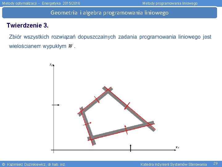 Metody optymalizacji - Energetyka 2015/2016 Metody programowania liniowego Geometria i algebra programowania liniowego Twierdzenie